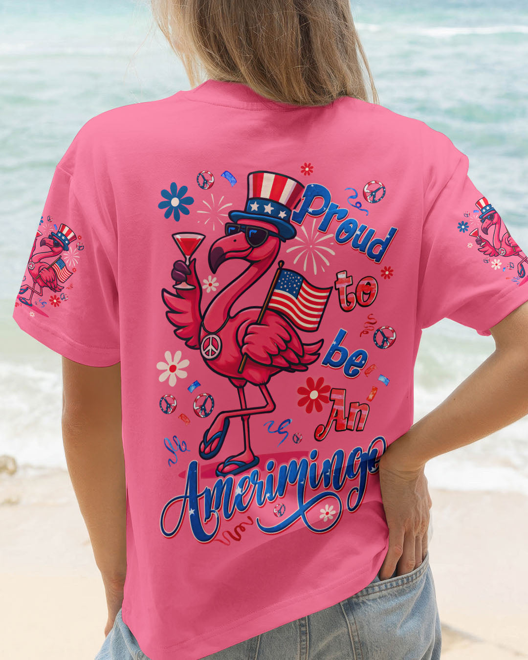 Proud to Be an Ameriflamingo Funny Patriotic Flamingo 4th of July Shirt for Women AOP Shirts _1_ AYE6q