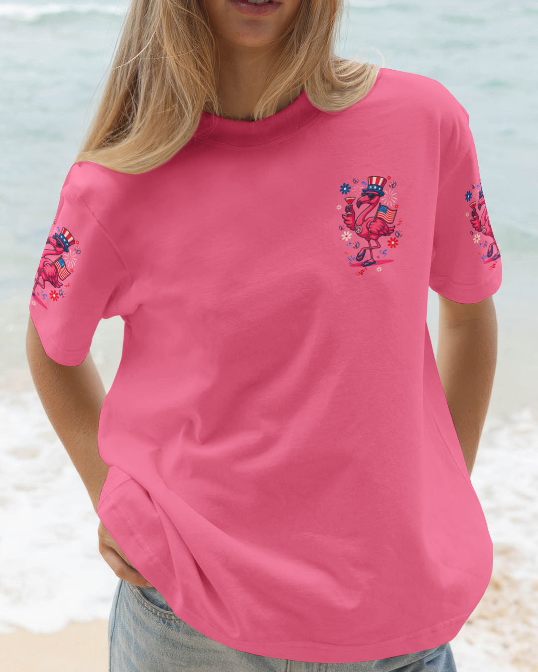 Proud to Be an Ameriflamingo Funny Patriotic Flamingo 4th of July Shirt for Women AOP Shirts _2_ Bz3HC