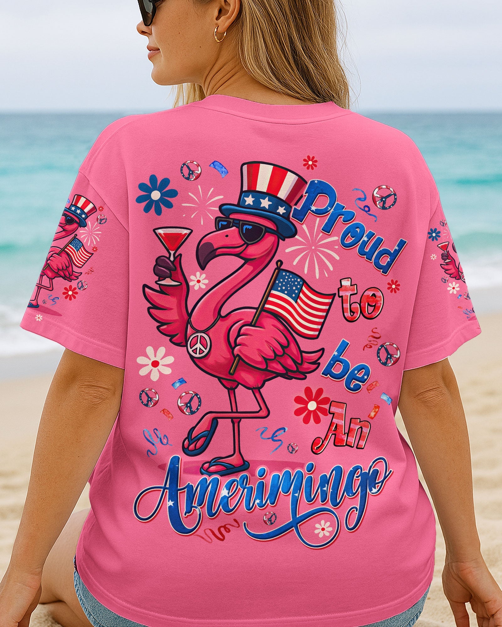 Proud to Be an Ameriflamingo Funny Patriotic Flamingo 4th of July Shirt for Women AOP Shirts _3_ tigUm