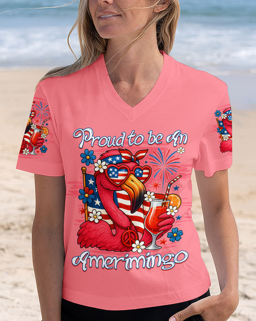 Proud to Be an Amerimingo Flamingo USA Flag Funny Summer AOP Shirts _2_ dm98N