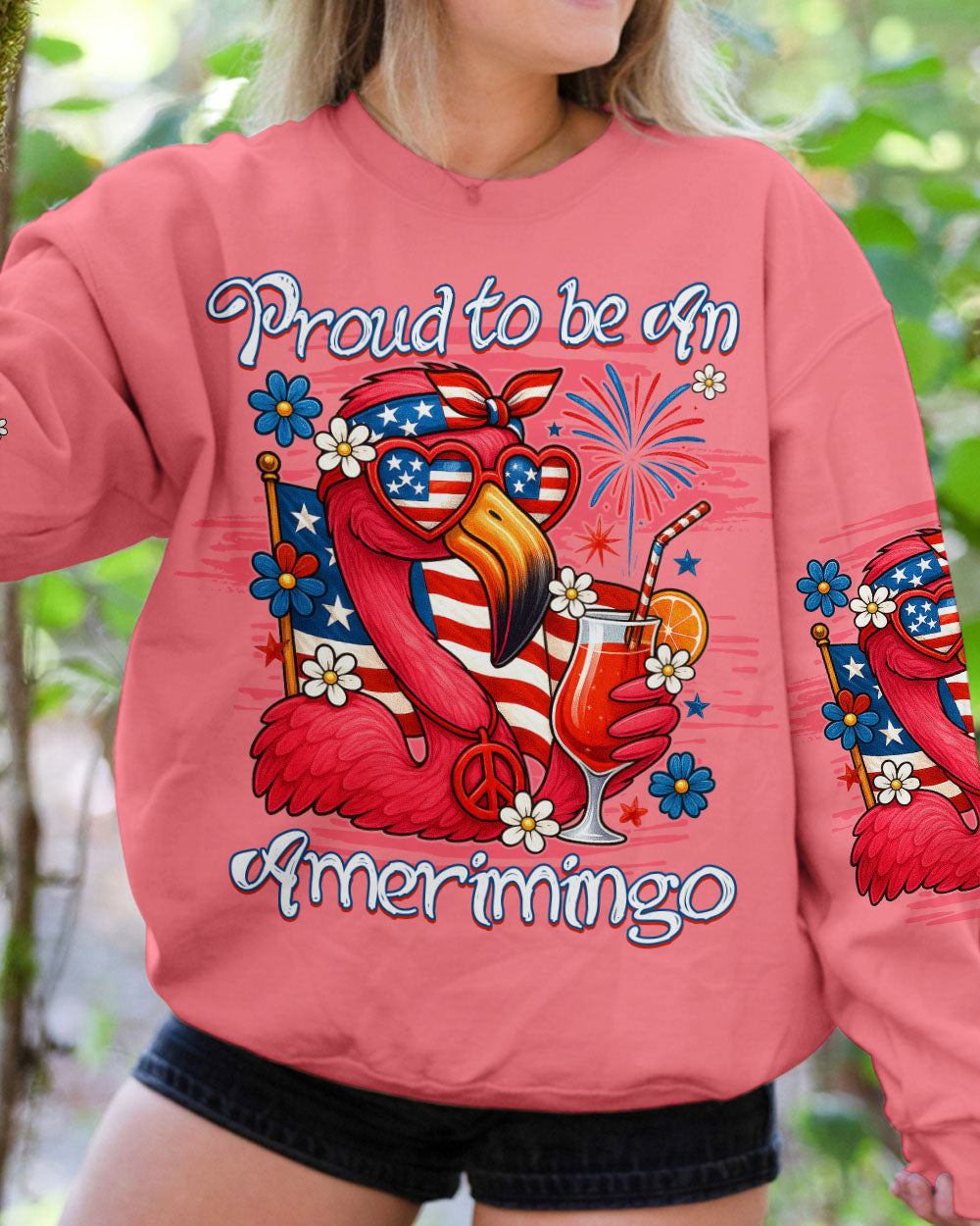 Proud to Be an Amerimingo Flamingo USA Flag Funny Summer AOP Shirts _4_ dqIxp