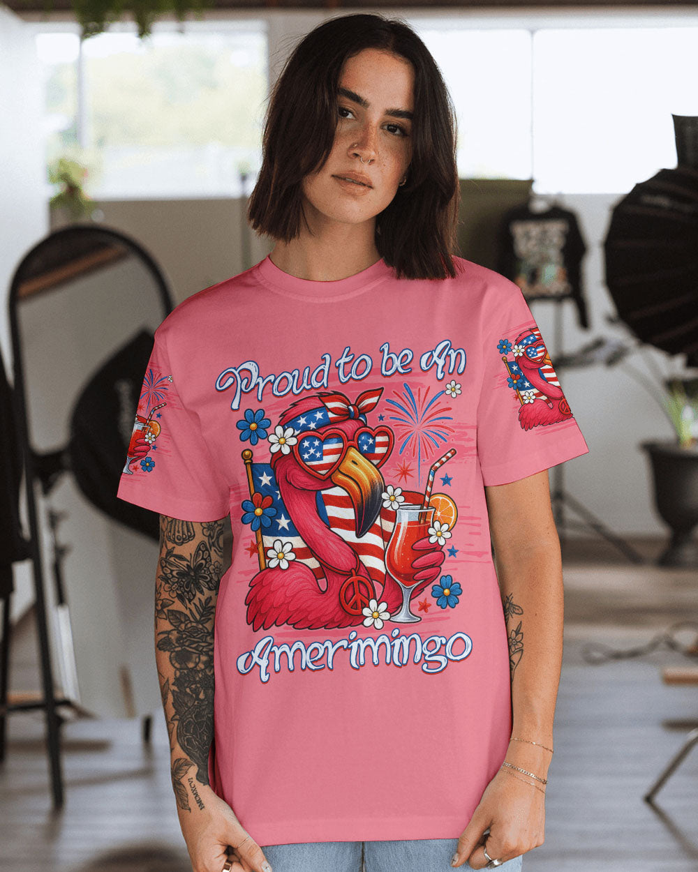Proud to Be an Amerimingo Flamingo USA Flag Funny Summer AOP Shirts _8_ riXqu
