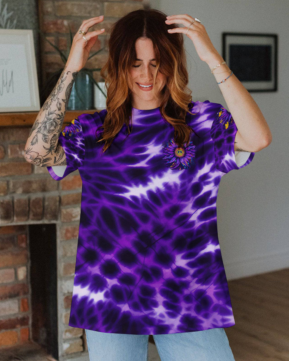 Retro Peace Yall Purple Tie Dye Sunflower Hippie Graphic AOP Shirts _12_ nrFKI