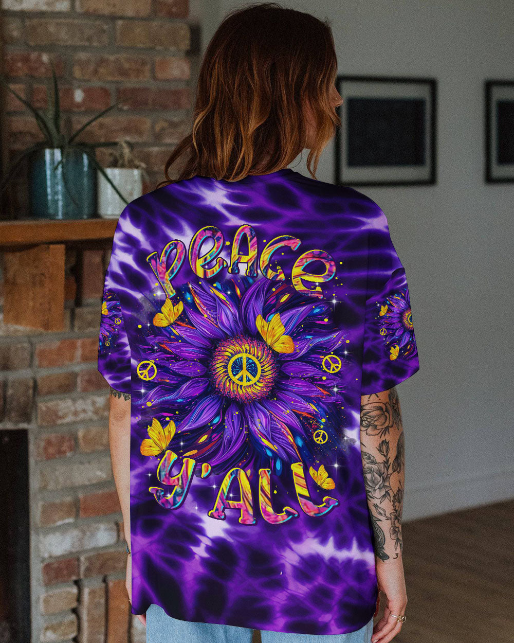 Retro Peace Yall Purple Tie Dye Sunflower Hippie Graphic AOP Shirts _13_ YJOJW