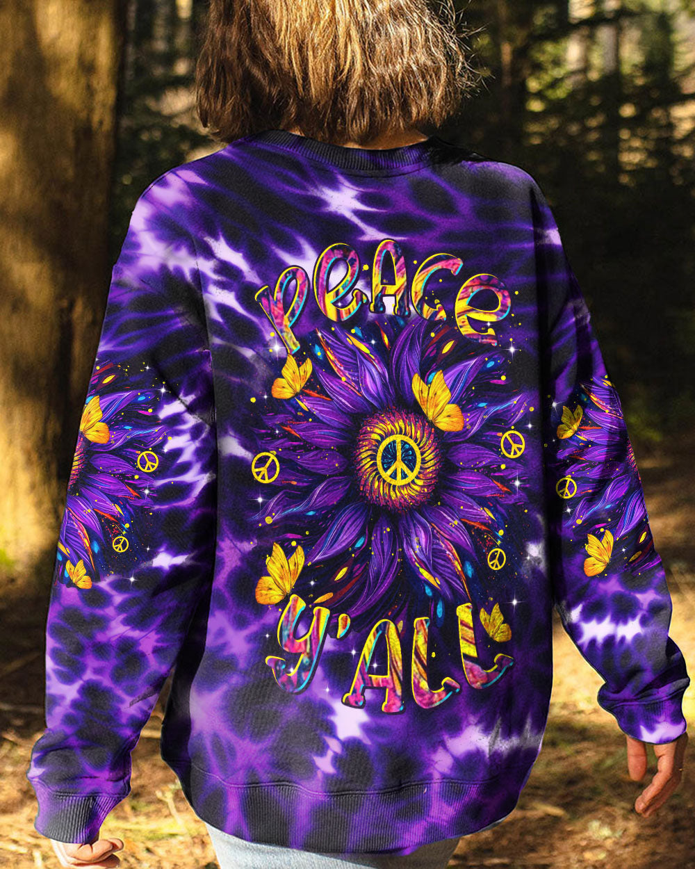 Retro Peace Yall Purple Tie Dye Sunflower Hippie Graphic AOP Shirts _5_ VkLCX