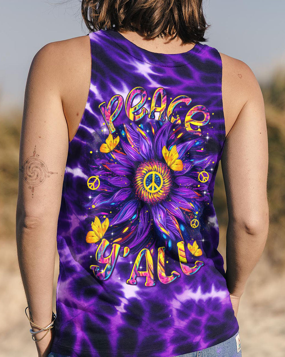 Retro Peace Yall Purple Tie Dye Sunflower Hippie Graphic AOP Shirts _9_ UyCos