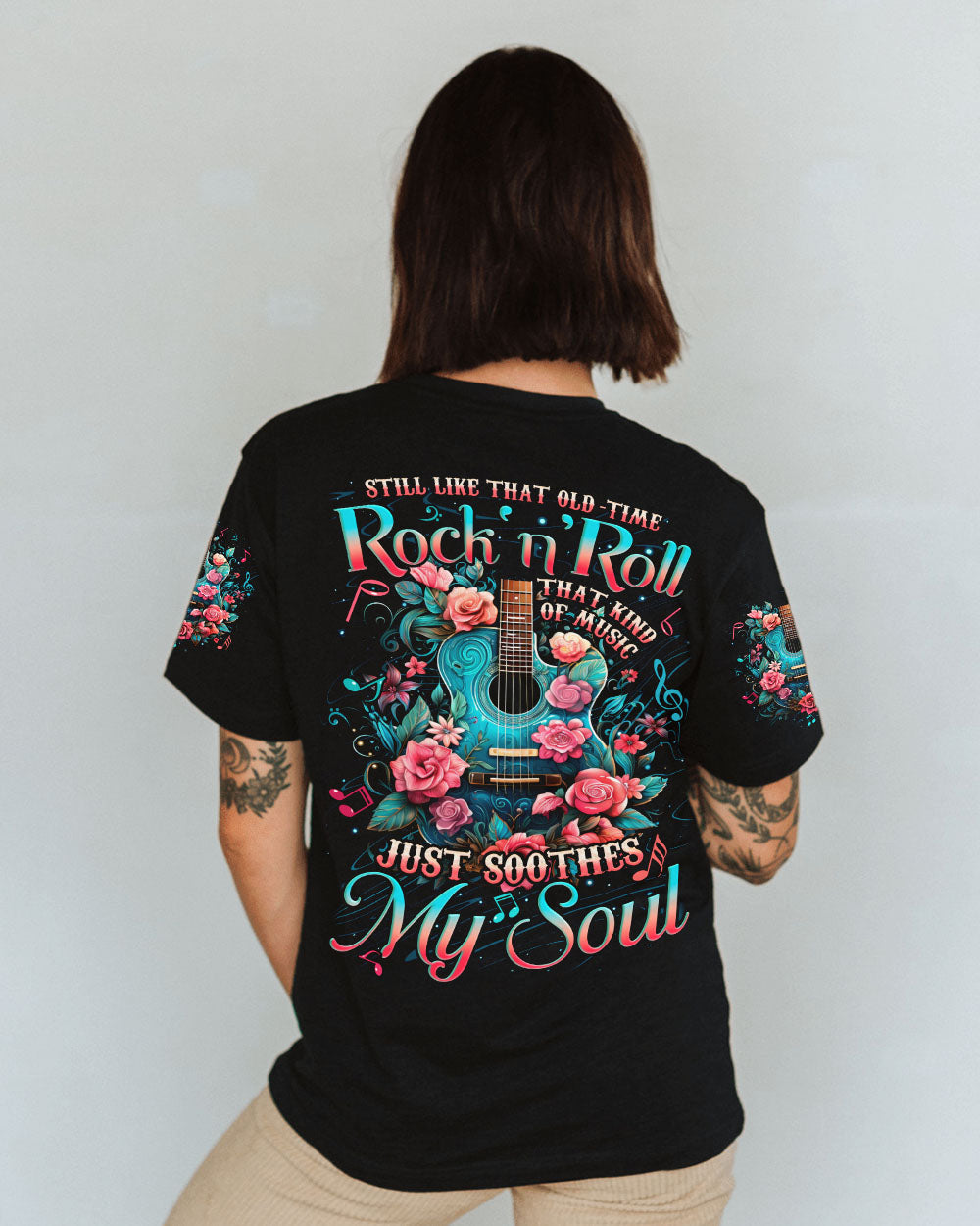 Rock and Roll Soothes My Soul Floral Guitar and Music Quote AOP Shirts _1_ 7KlAL