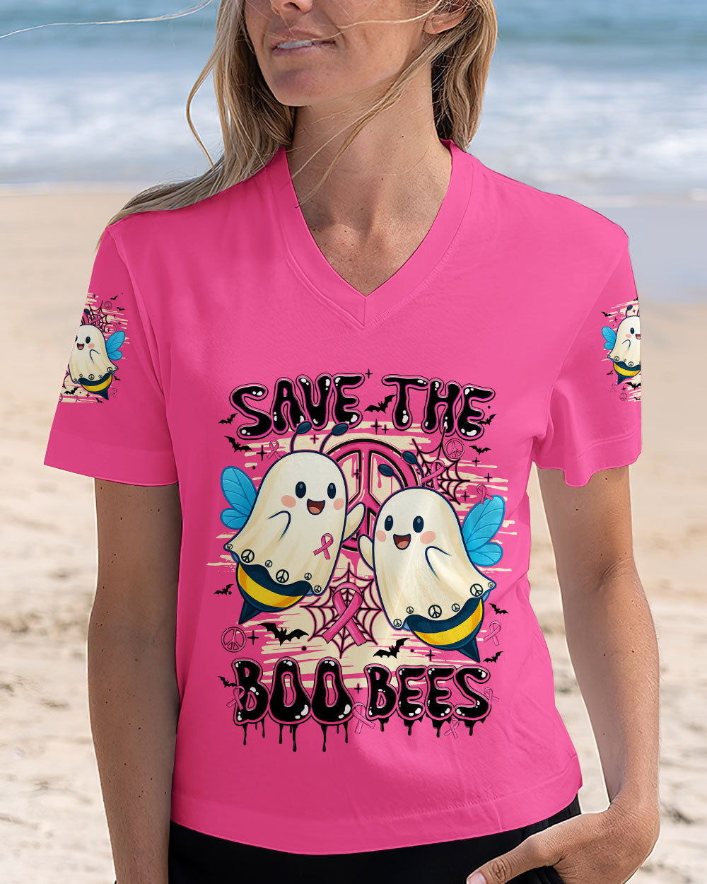 Save the Boo Bees Halloween Ghost Design with Peace and Pink Ribbon AOP Shirts _11_ qykCw
