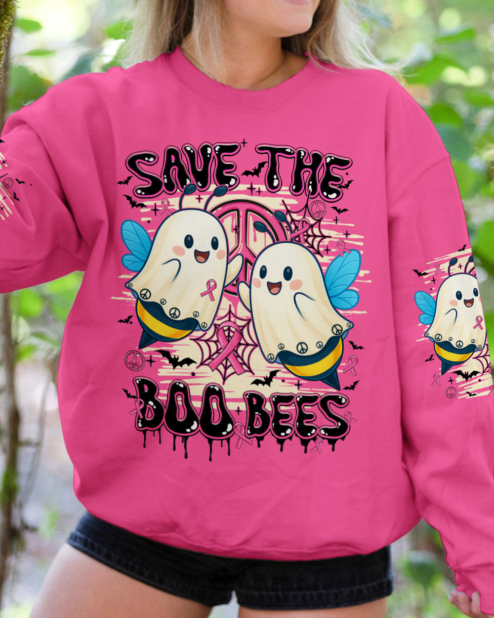 Save the Boo Bees Halloween Ghost Design with Peace and Pink Ribbon AOP Shirts _1_ 3ntt0