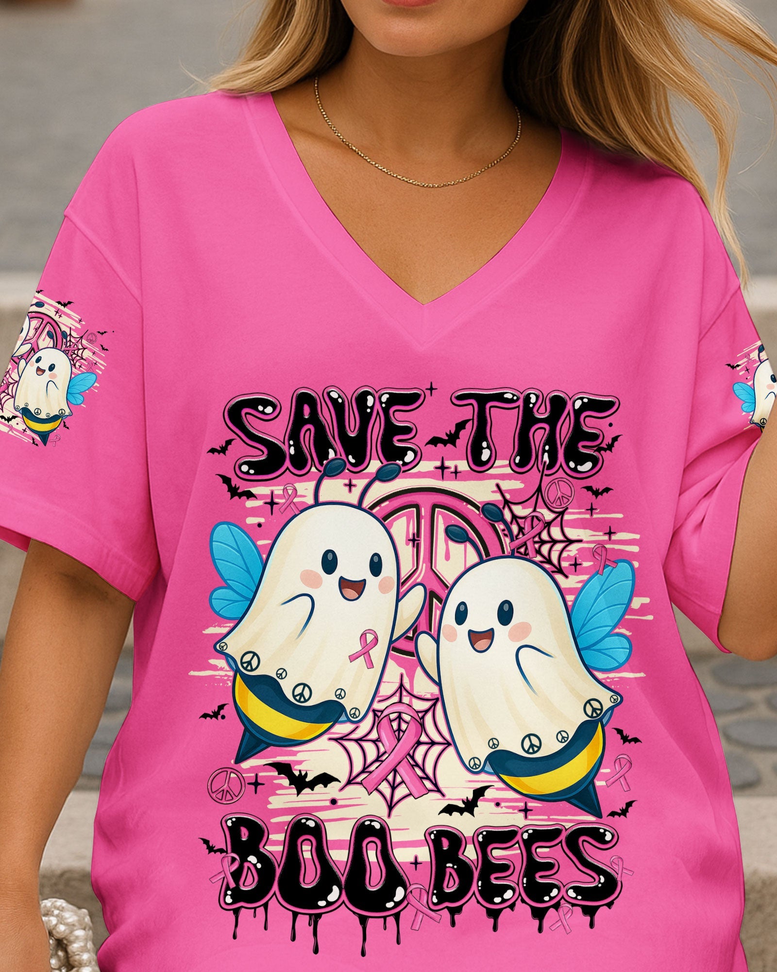 Save the Boo Bees Halloween Ghost Design with Peace and Pink Ribbon AOP Shirts _3_ IQ9zm