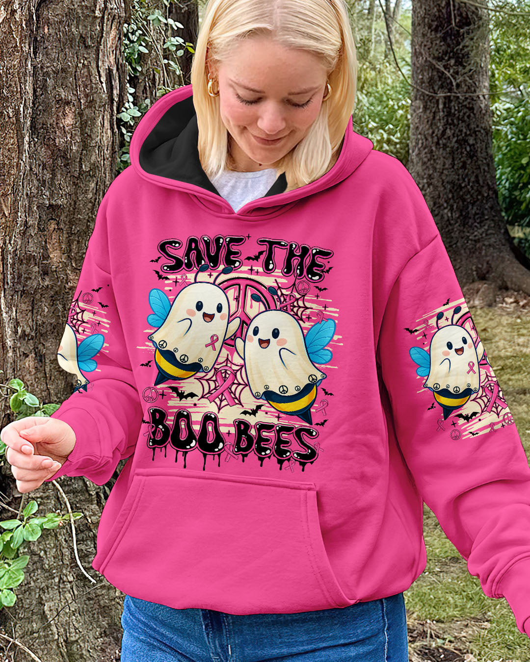 Save the Boo Bees Halloween Ghost Design with Peace and Pink Ribbon AOP Shirts _4_ vBfgO