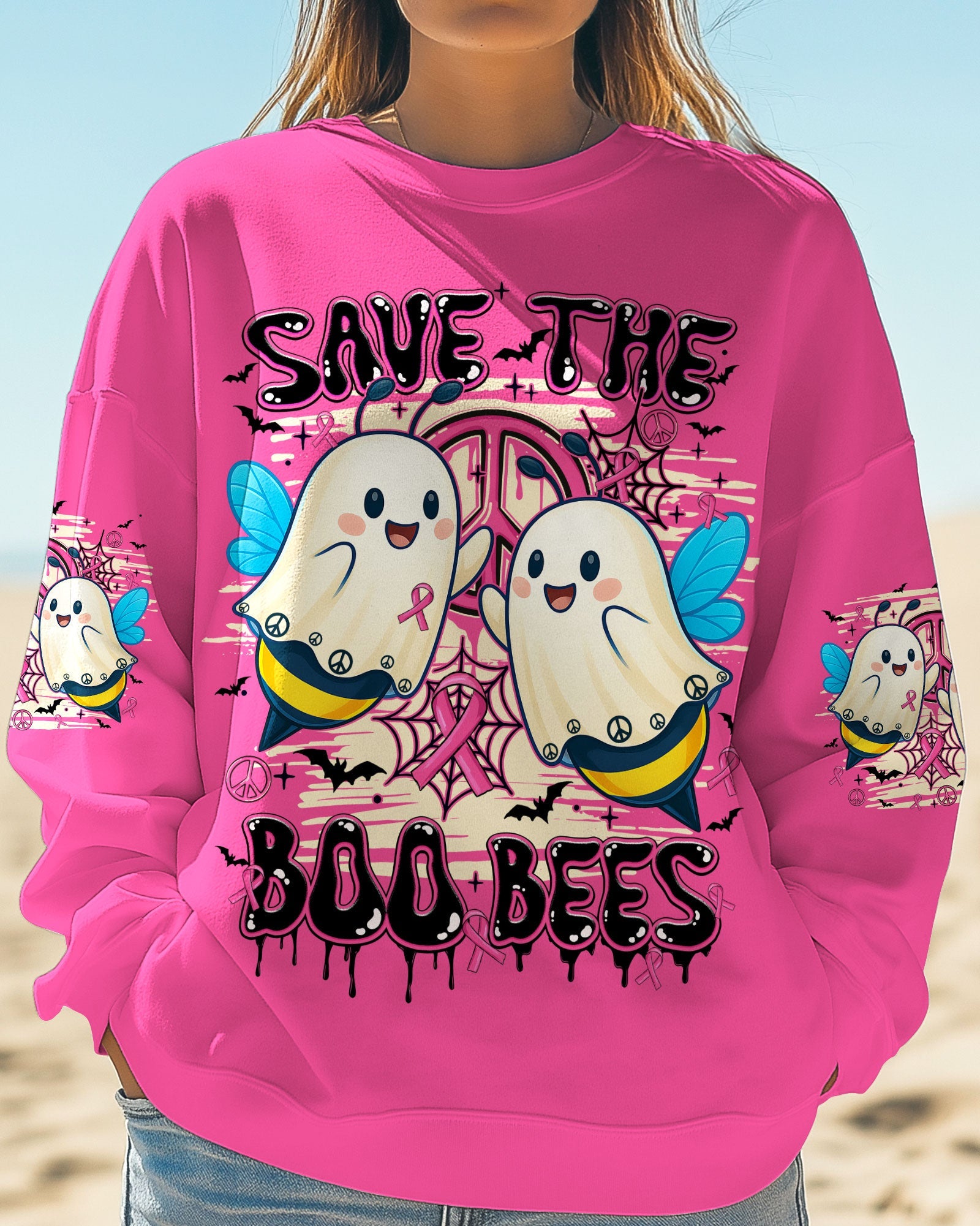 Save the Boo Bees Halloween Ghost Design with Peace and Pink Ribbon AOP Shirts _5_ ojMkH