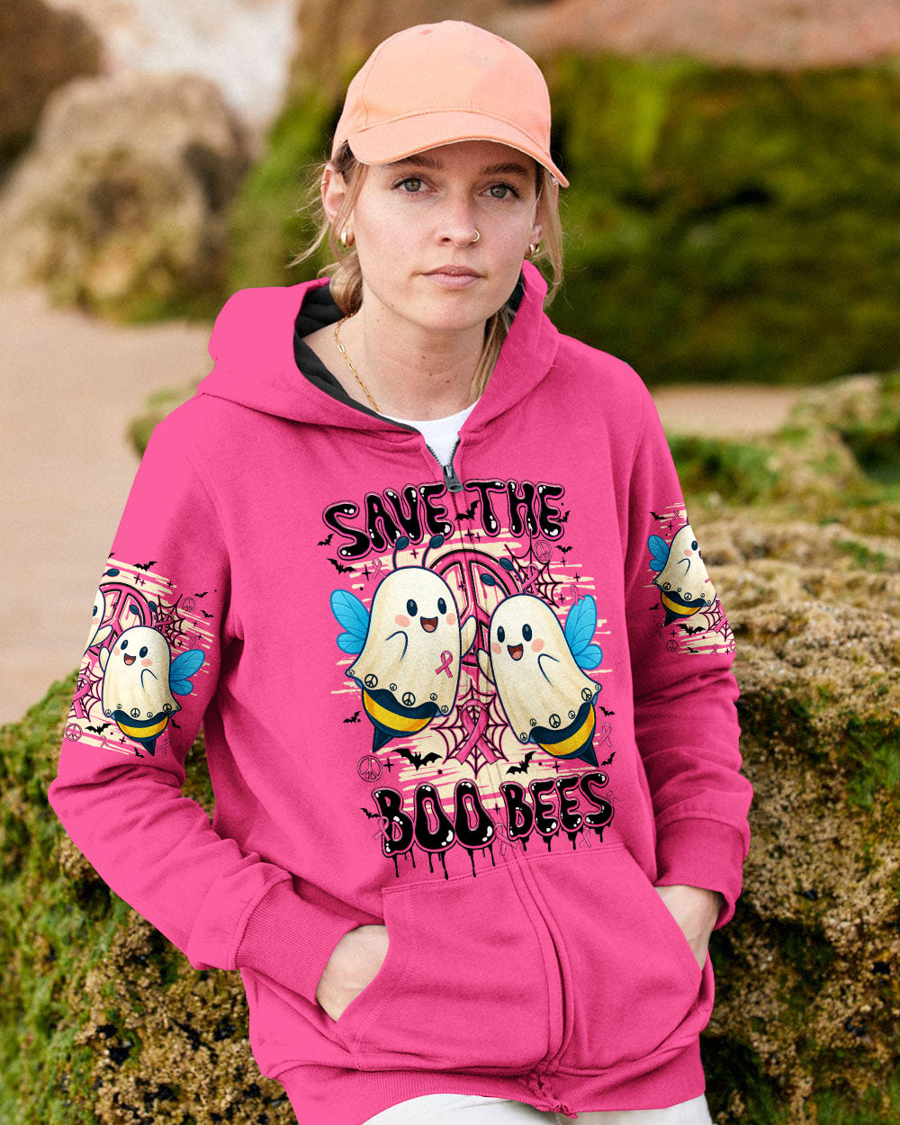 Save the Boo Bees Halloween Ghost Design with Peace and Pink Ribbon AOP Shirts _6_ ONW70