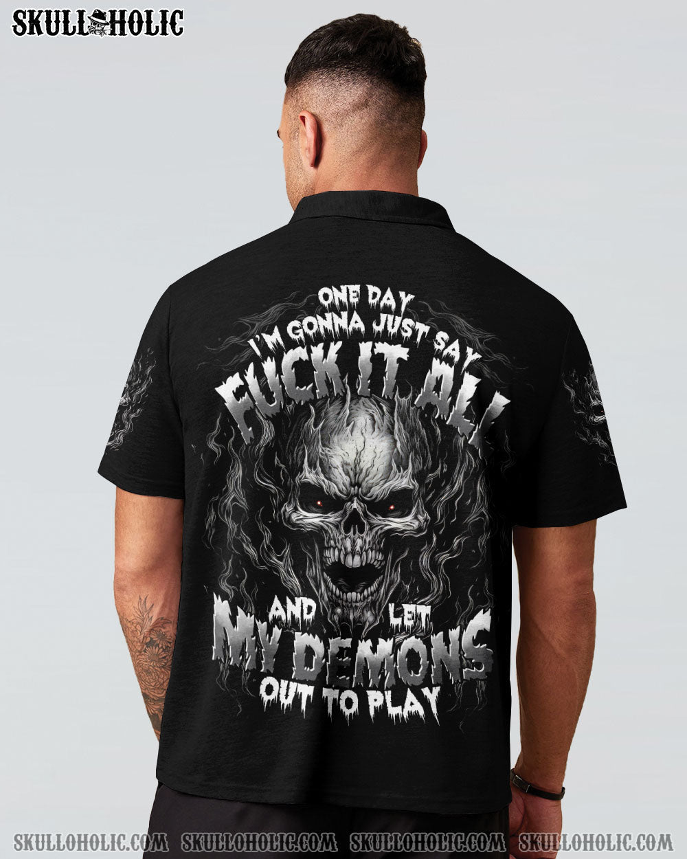 Say F It All and let my Demon out to Play Skull Dark Gothic Flame Design AOP Shirt _14_ bY8Ic