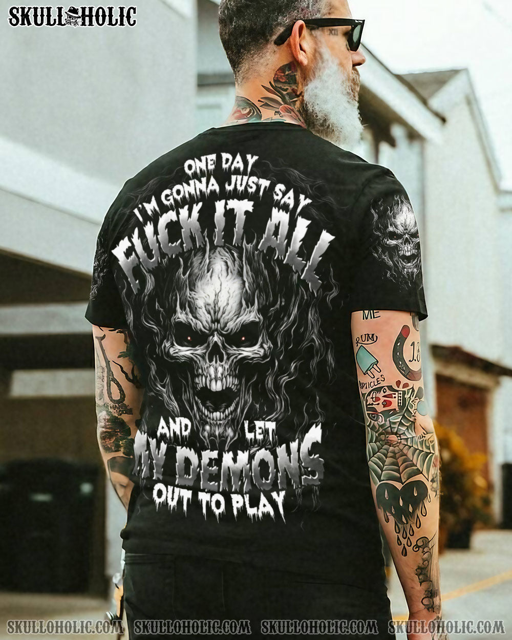 Say F It All and let my Demon out to Play Skull Dark Gothic Flame Design AOP Shirt _16_ v5YNg