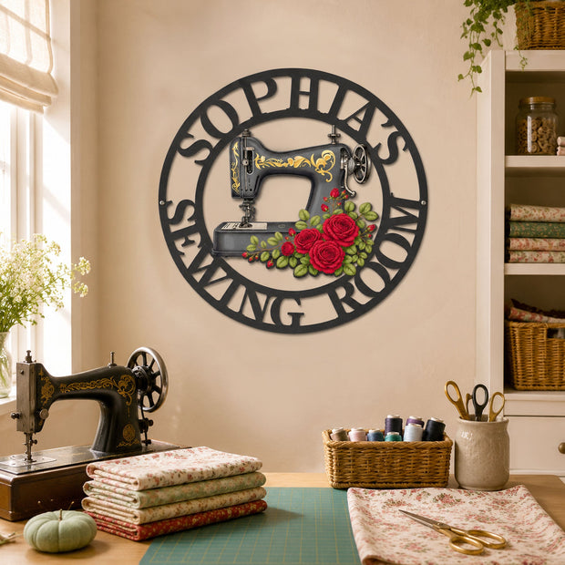 Sewing Room Birth Flower Custom Name Gift For Sewing Lovers - Personalized Metal Sign