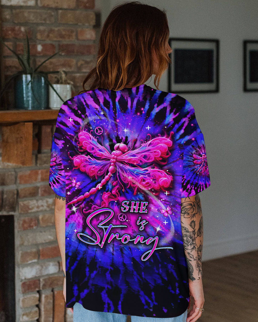 She Is Strong Dragonfly Tie Dye Neon Inspirational AOP Shirts _4_ gQmDU