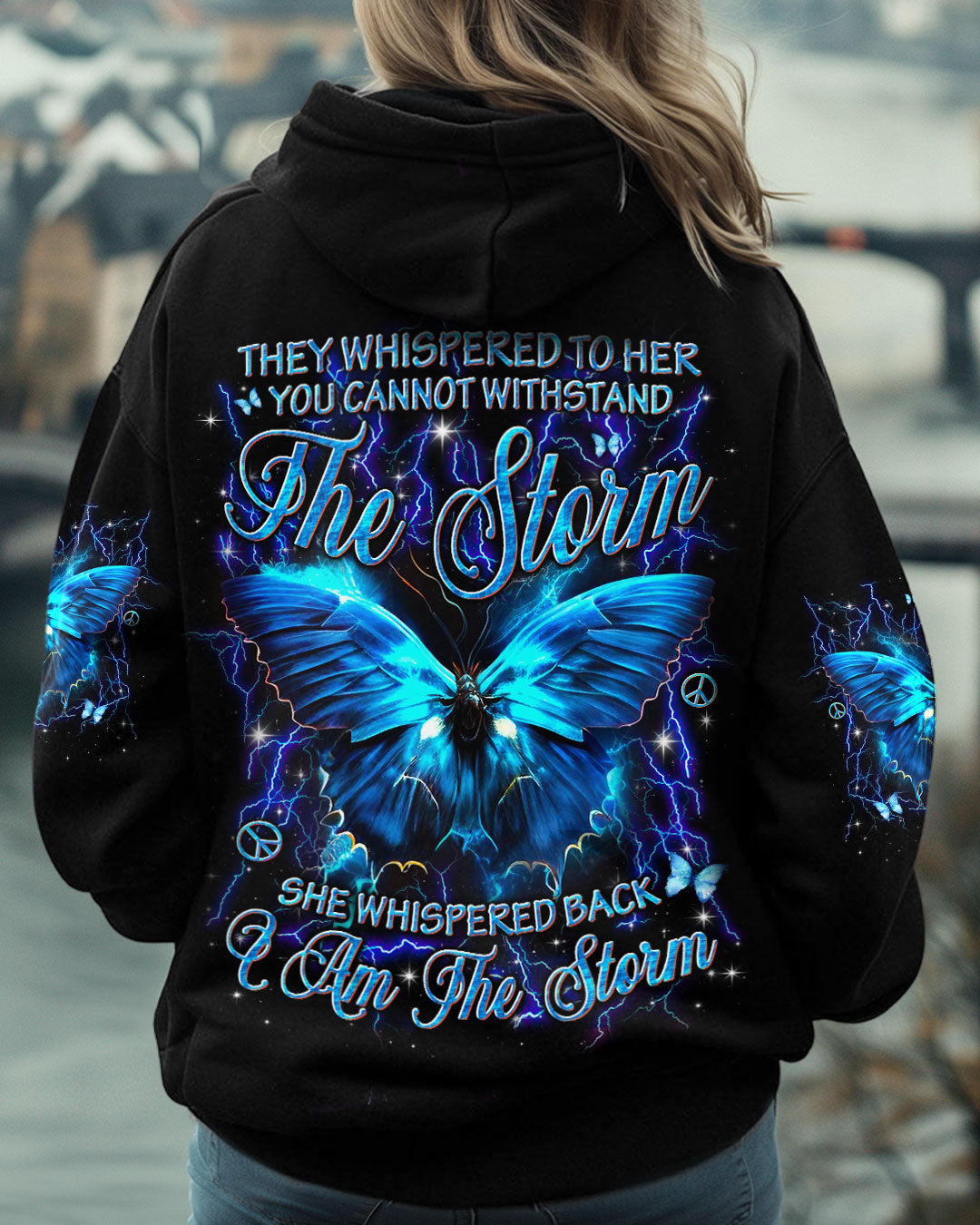 She Whispered Back I Am the Storm Blue Lightning Butterfly Graphic AOP Shirts _1_ 2lldr