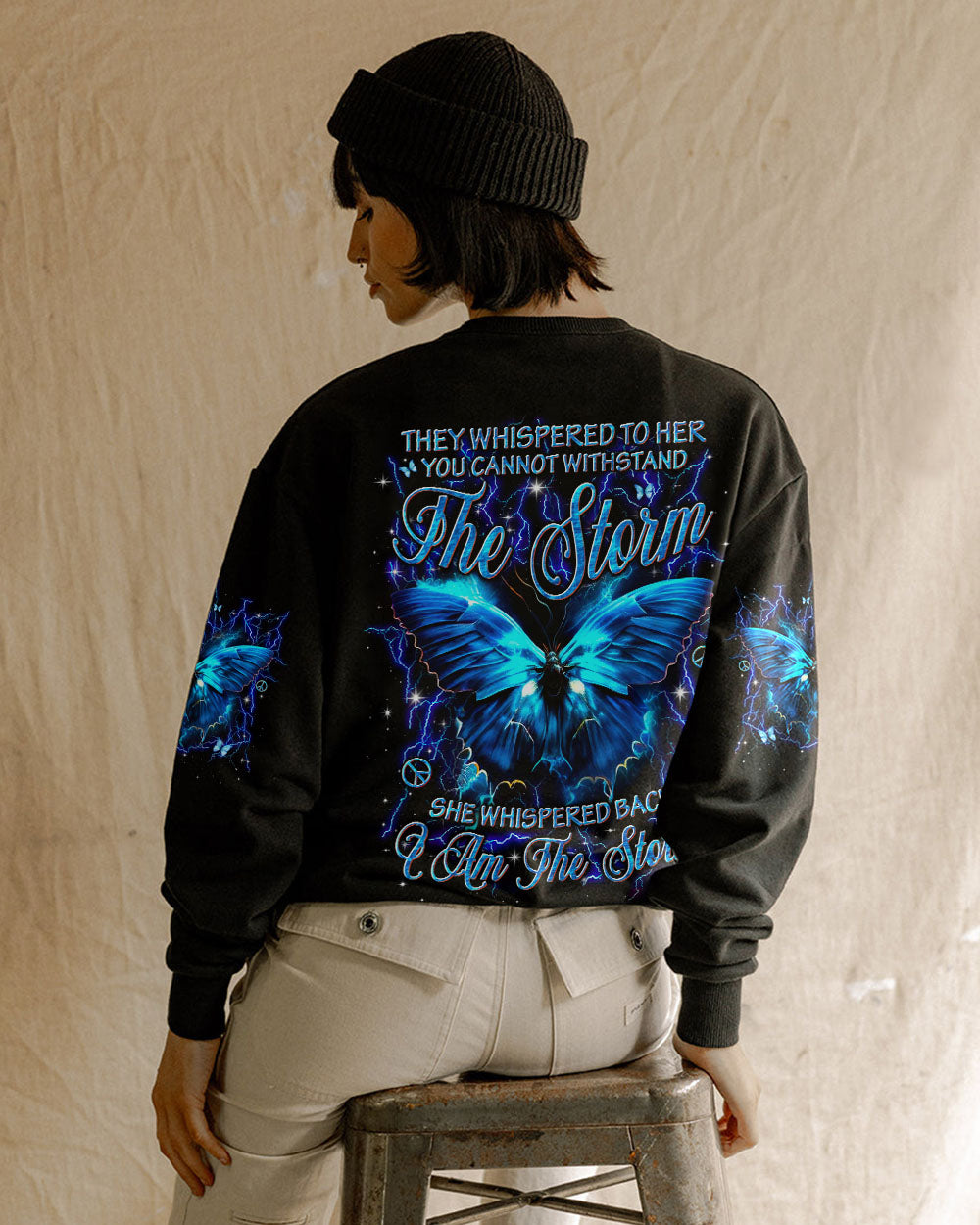 She Whispered Back I Am the Storm Blue Lightning Butterfly Graphic AOP Shirts _3_ 5FlM9