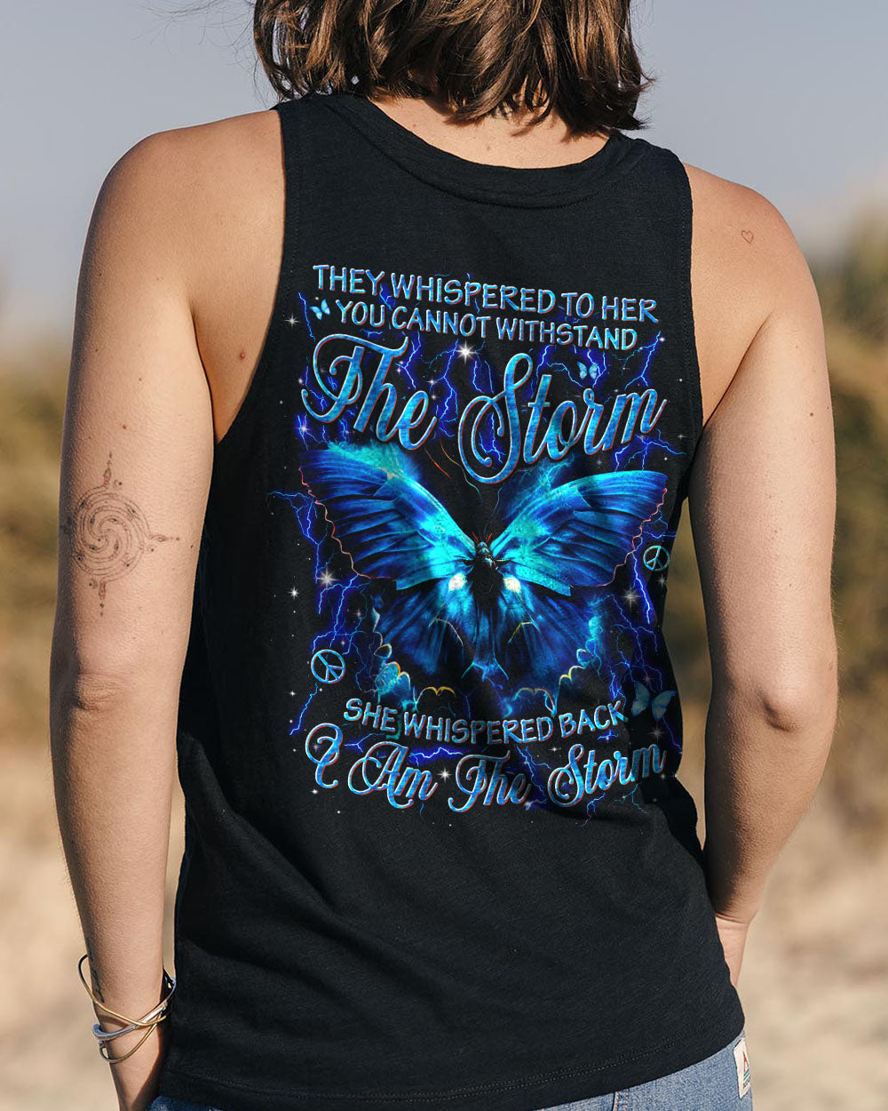 She Whispered Back I Am the Storm Blue Lightning Butterfly Graphic AOP Shirts _7_ Uu3Wv