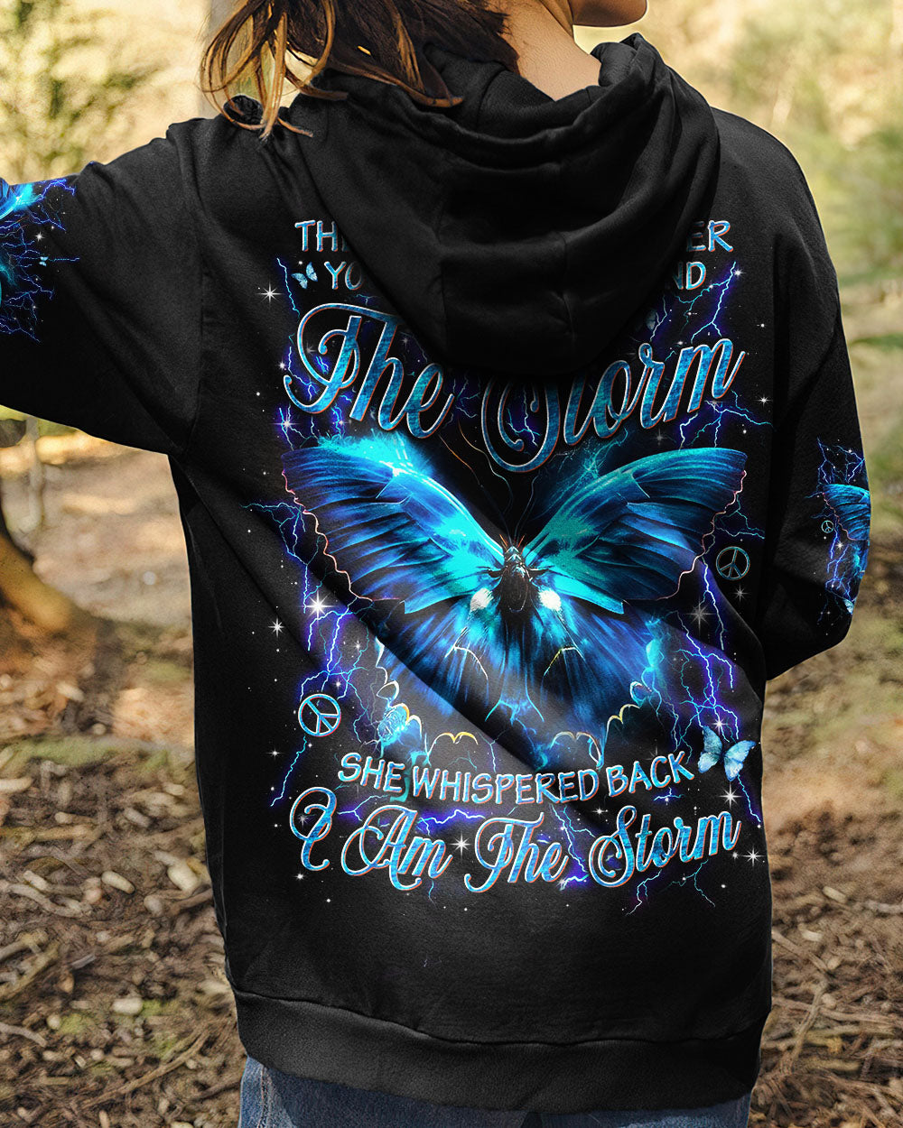 She Whispered Back I Am the Storm Blue Lightning Butterfly Graphic AOP Shirts _8_ zY4oy