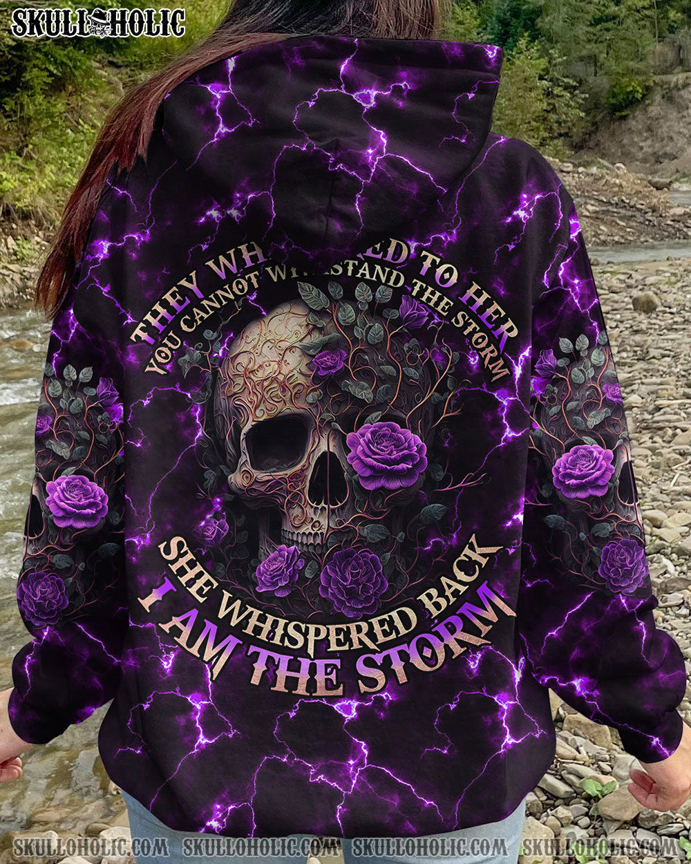 She Whispered Back I Am the Storm Purple Lightning Skull and Rose Graphic AOP Shirts _10_ HA4Tf