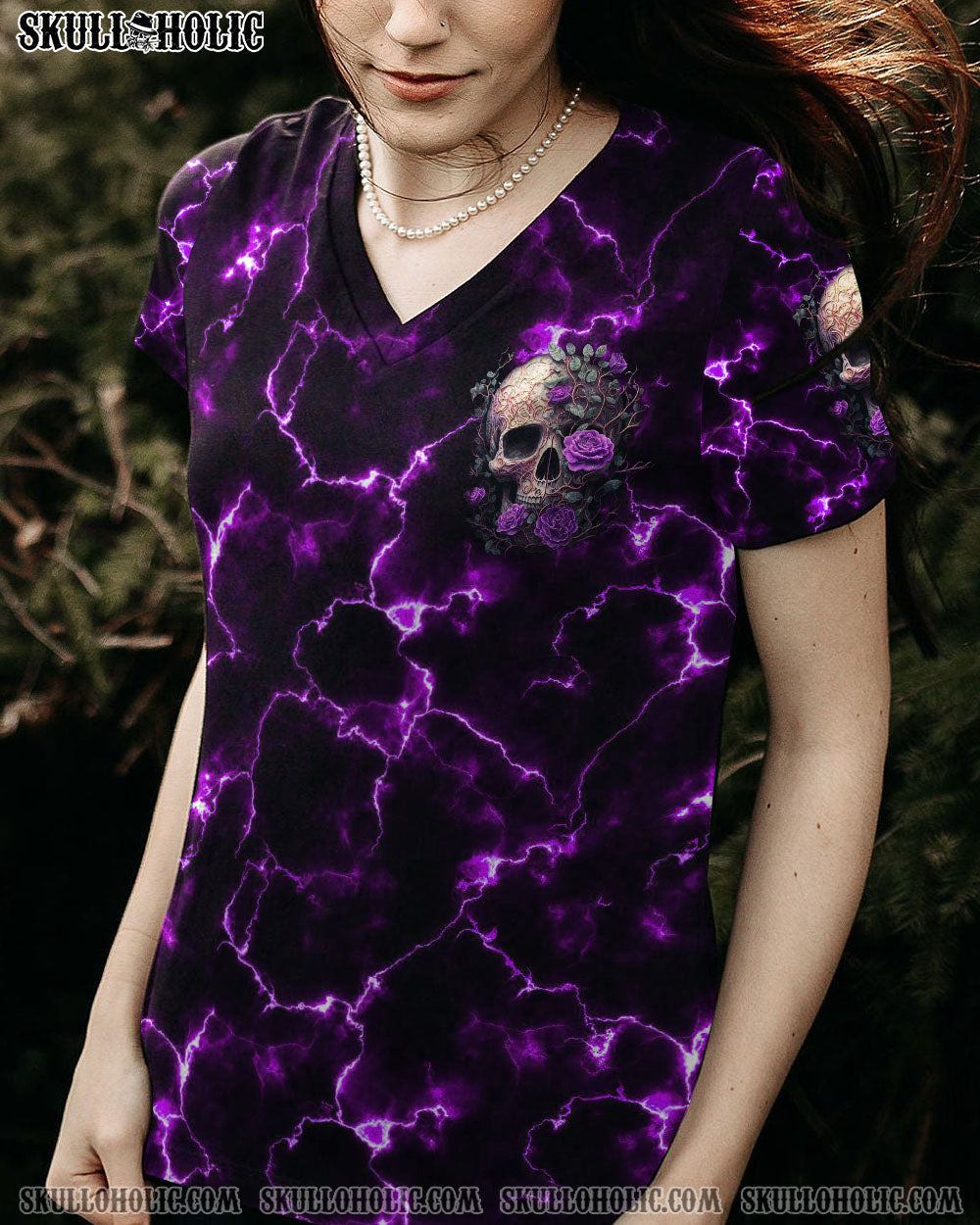 She Whispered Back I Am the Storm Purple Lightning Skull and Rose Graphic AOP Shirts _13_ apf2Q