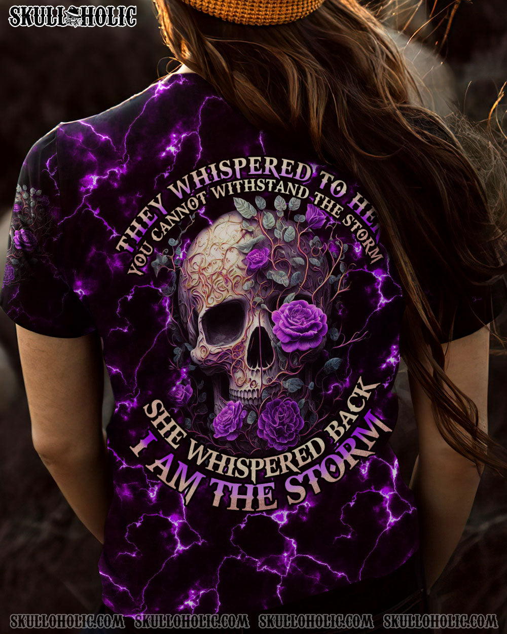 She Whispered Back I Am the Storm Purple Lightning Skull and Rose Graphic AOP Shirts _14_ C7bqc