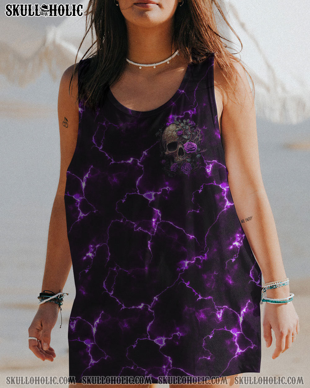 She Whispered Back I Am the Storm Purple Lightning Skull and Rose Graphic AOP Shirts _16_ YCCwp