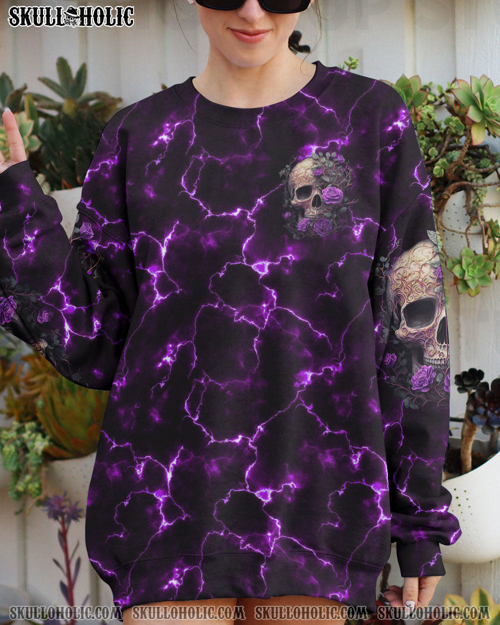 She Whispered Back I Am the Storm Purple Lightning Skull and Rose Graphic AOP Shirts _7_ 4DBS7