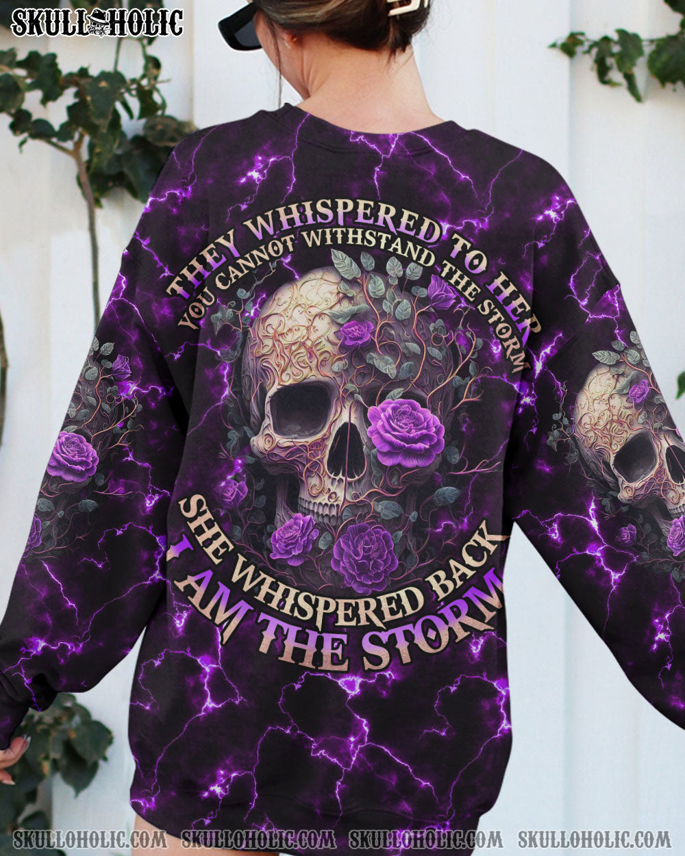 She Whispered Back I Am the Storm Purple Lightning Skull and Rose Graphic AOP Shirts _8_ jtDHc