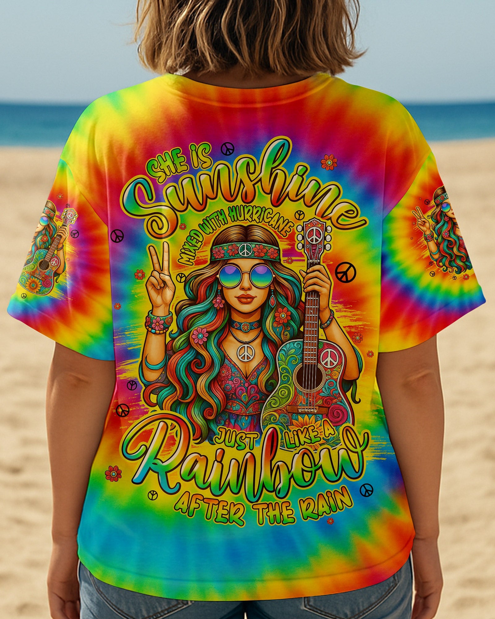 She is Sunshine Just Like a Rainbow After the Rain Tie Dye Hippie Girl AOP Shirts _1_ LAhPZ