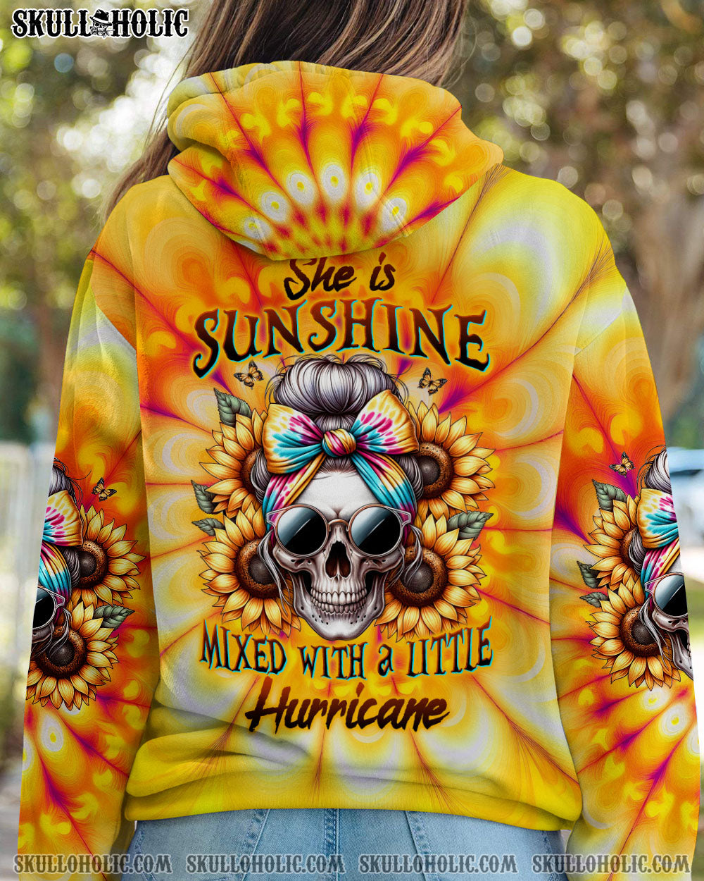 She is Sunshine Mixed with a Little Hurricane Sunflower Skull Tie Dye Graphic AOP Shirts _12_ 9aQjv