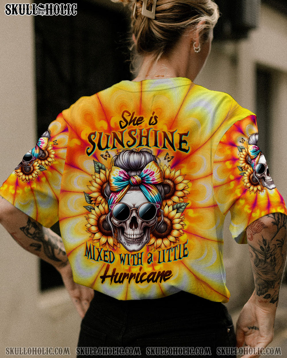 She is Sunshine Mixed with a Little Hurricane Sunflower Skull Tie Dye Graphic AOP Shirts _13_ u87aj