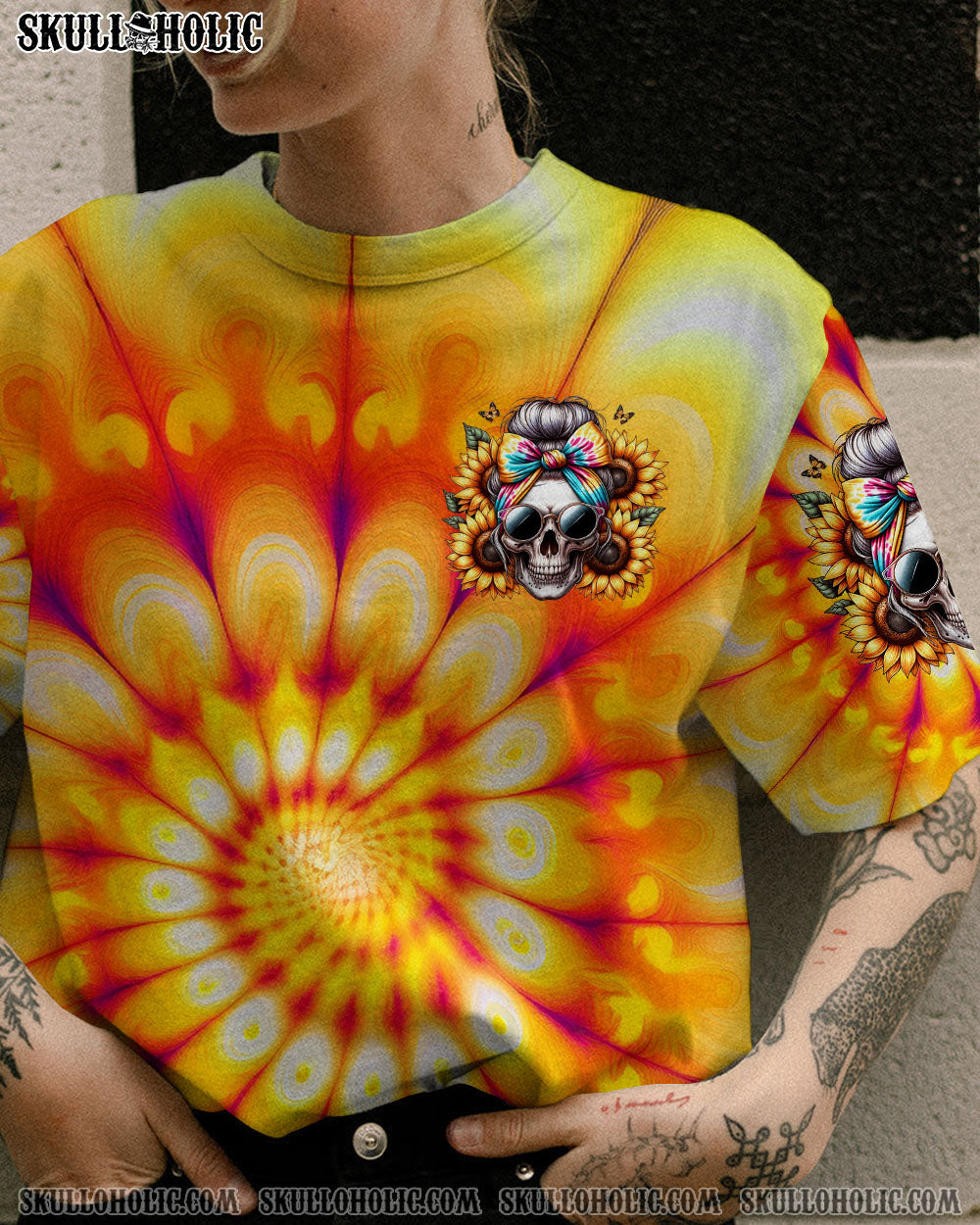 She is Sunshine Mixed with a Little Hurricane Sunflower Skull Tie Dye Graphic AOP Shirts _16_ UoR02