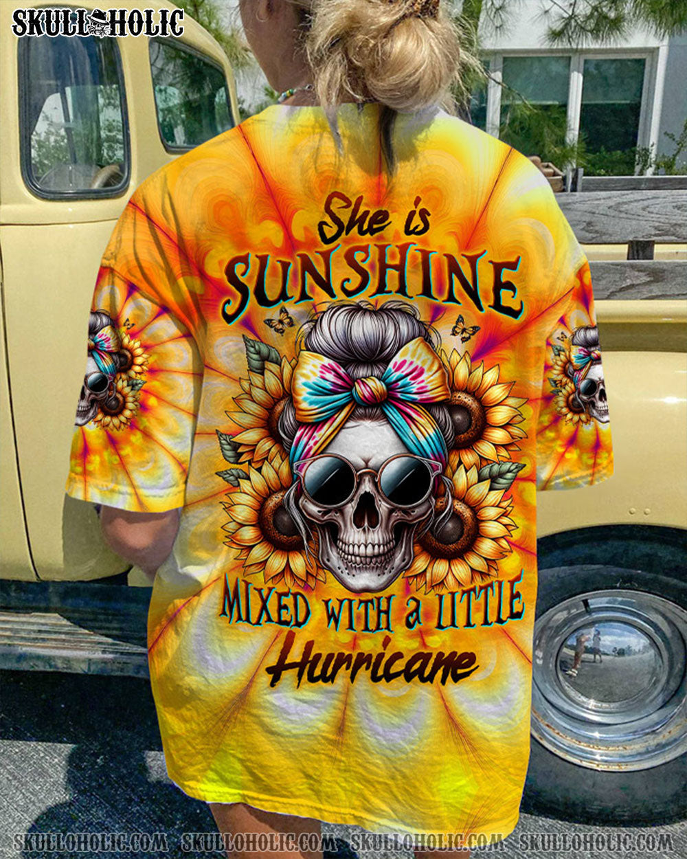 She is Sunshine Mixed with a Little Hurricane Sunflower Skull Tie Dye Graphic AOP Shirts _1_ Rp5Zr