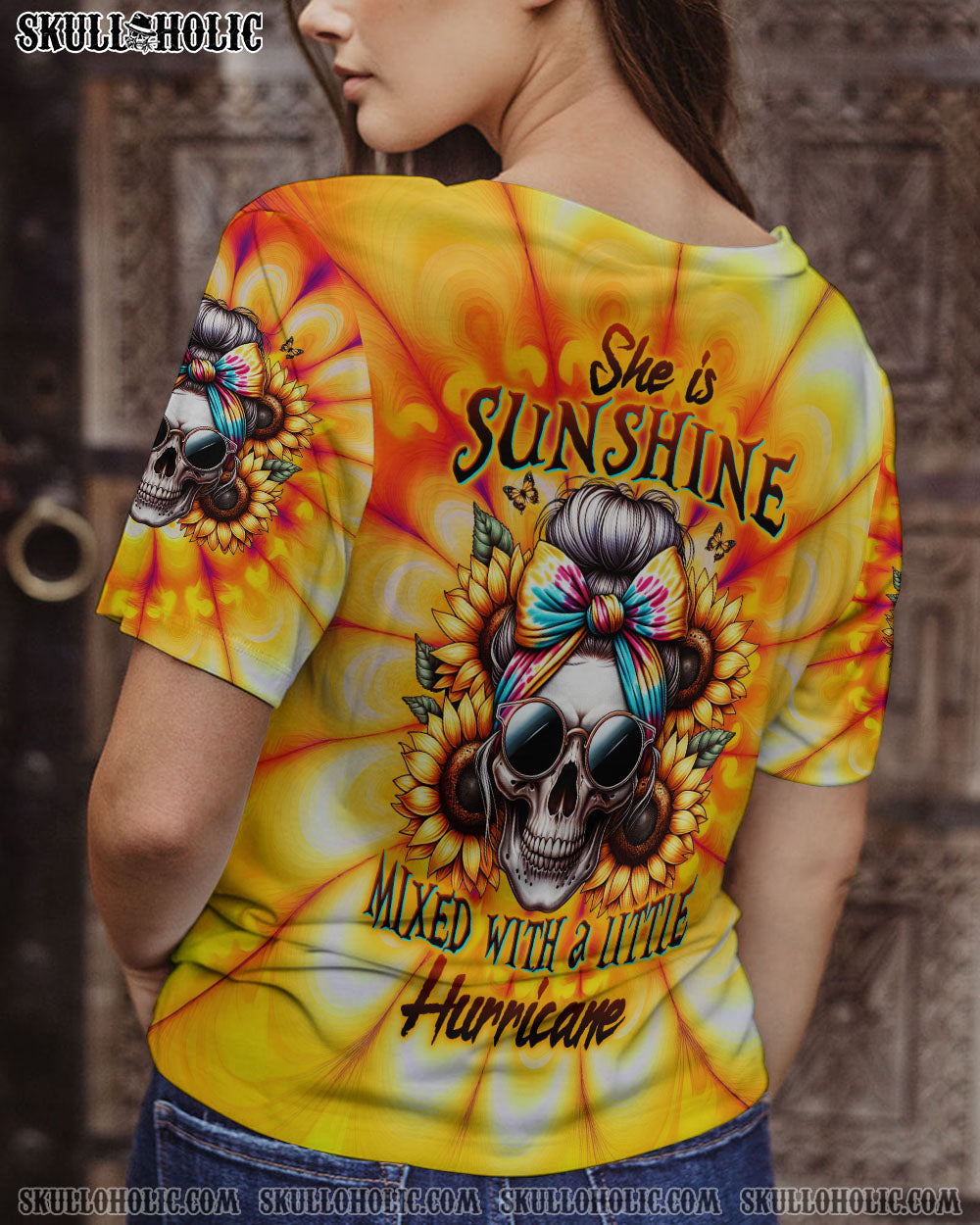 She is Sunshine Mixed with a Little Hurricane Sunflower Skull Tie Dye Graphic AOP Shirts _3_ wdLiS
