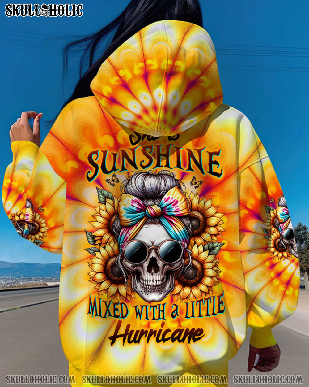 She is Sunshine Mixed with a Little Hurricane Sunflower Skull Tie Dye Graphic AOP Shirts _5_ JhUqD