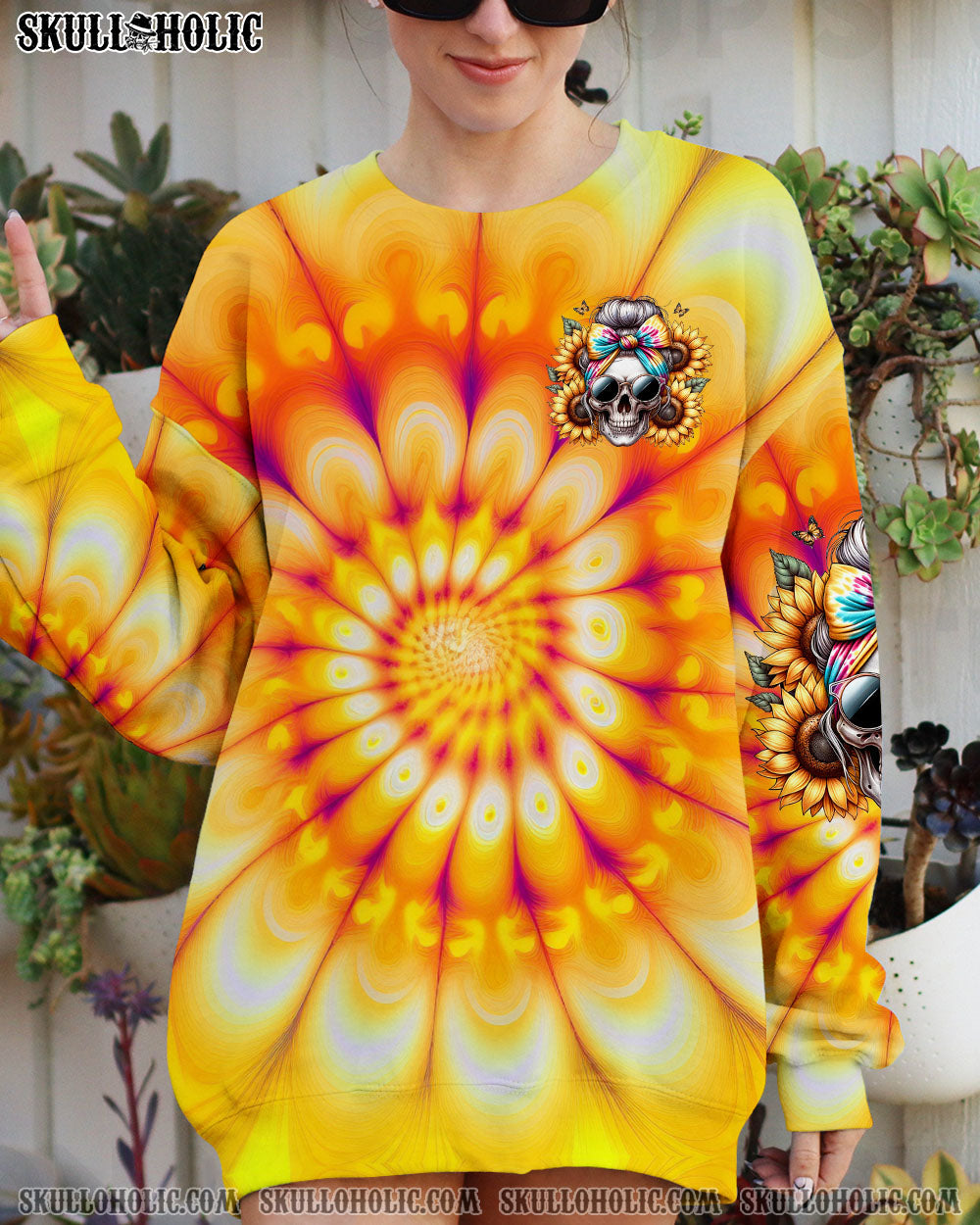 She is Sunshine Mixed with a Little Hurricane Sunflower Skull Tie Dye Graphic AOP Shirts _6_ COPgQ