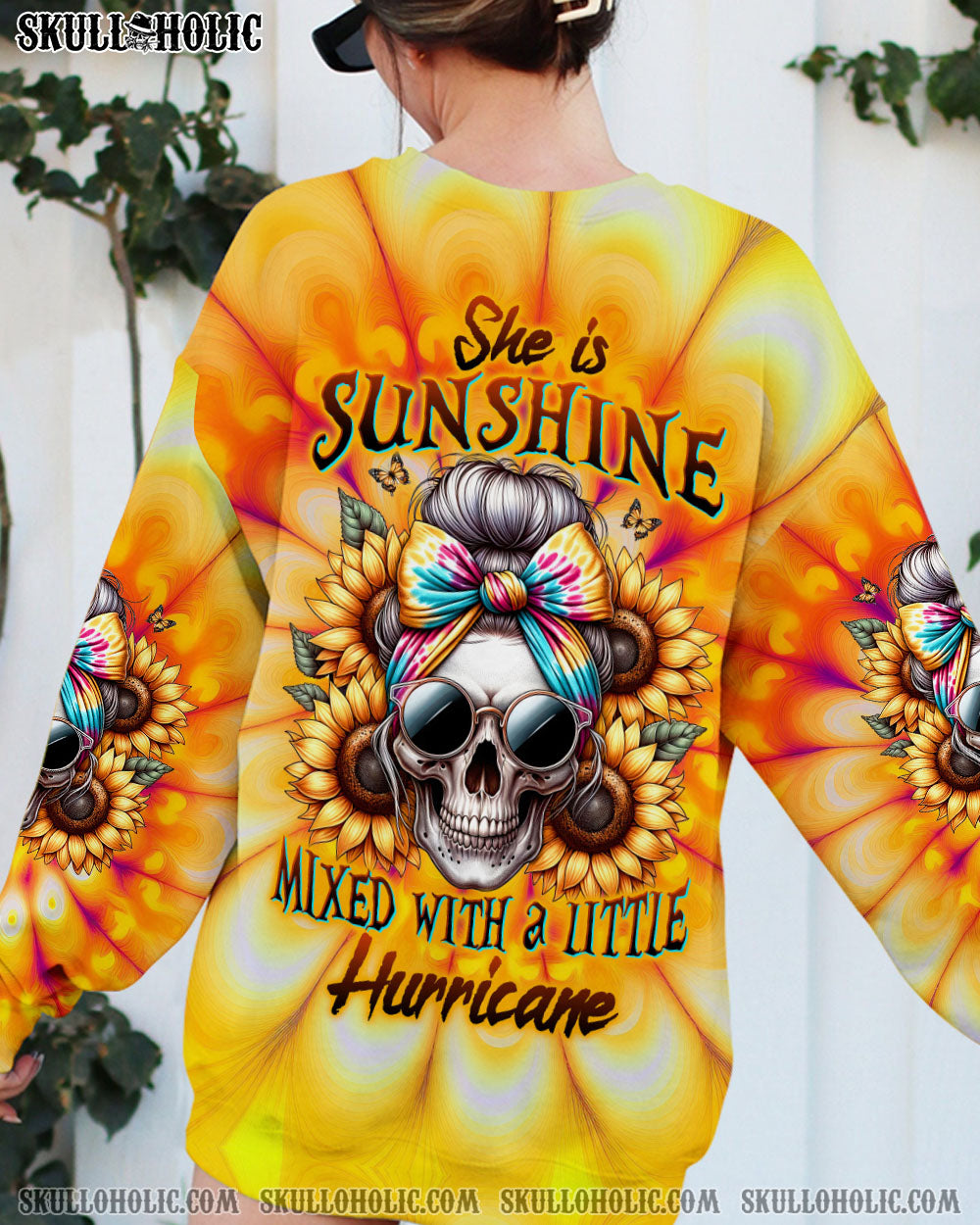 She is Sunshine Mixed with a Little Hurricane Sunflower Skull Tie Dye Graphic AOP Shirts _7_ o2b6s