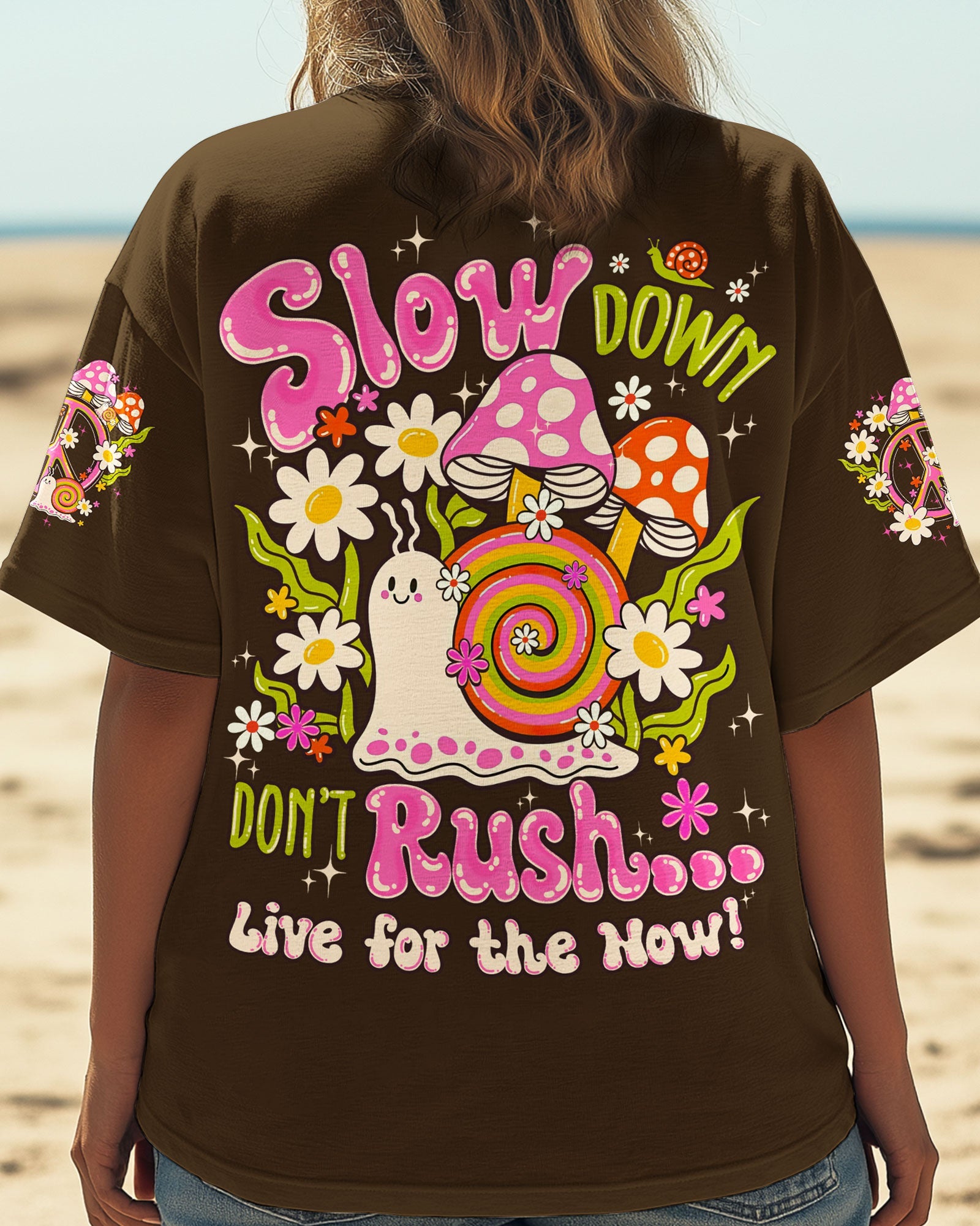 Slow Down Dont Rush Live for the Now Cute Snail Mushrooms AOP Shirts _11_ eMVLP