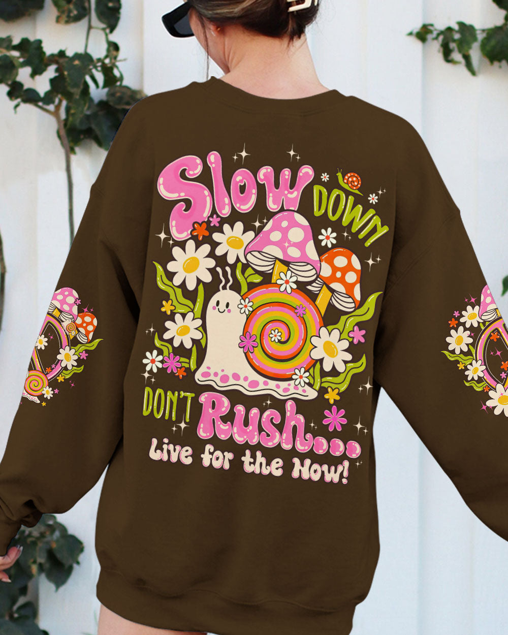 Slow Down Dont Rush Live for the Now Cute Snail Mushrooms AOP Shirts _3_ e6hVm