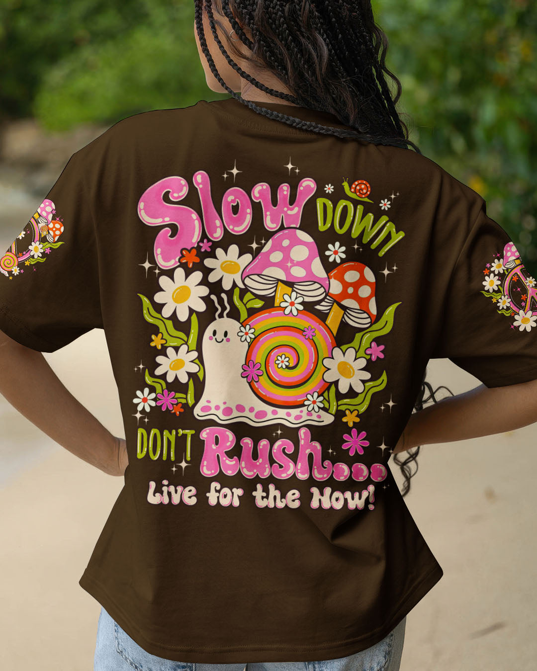 Slow Down Dont Rush Live for the Now Cute Snail Mushrooms AOP Shirts _8_ mT31e