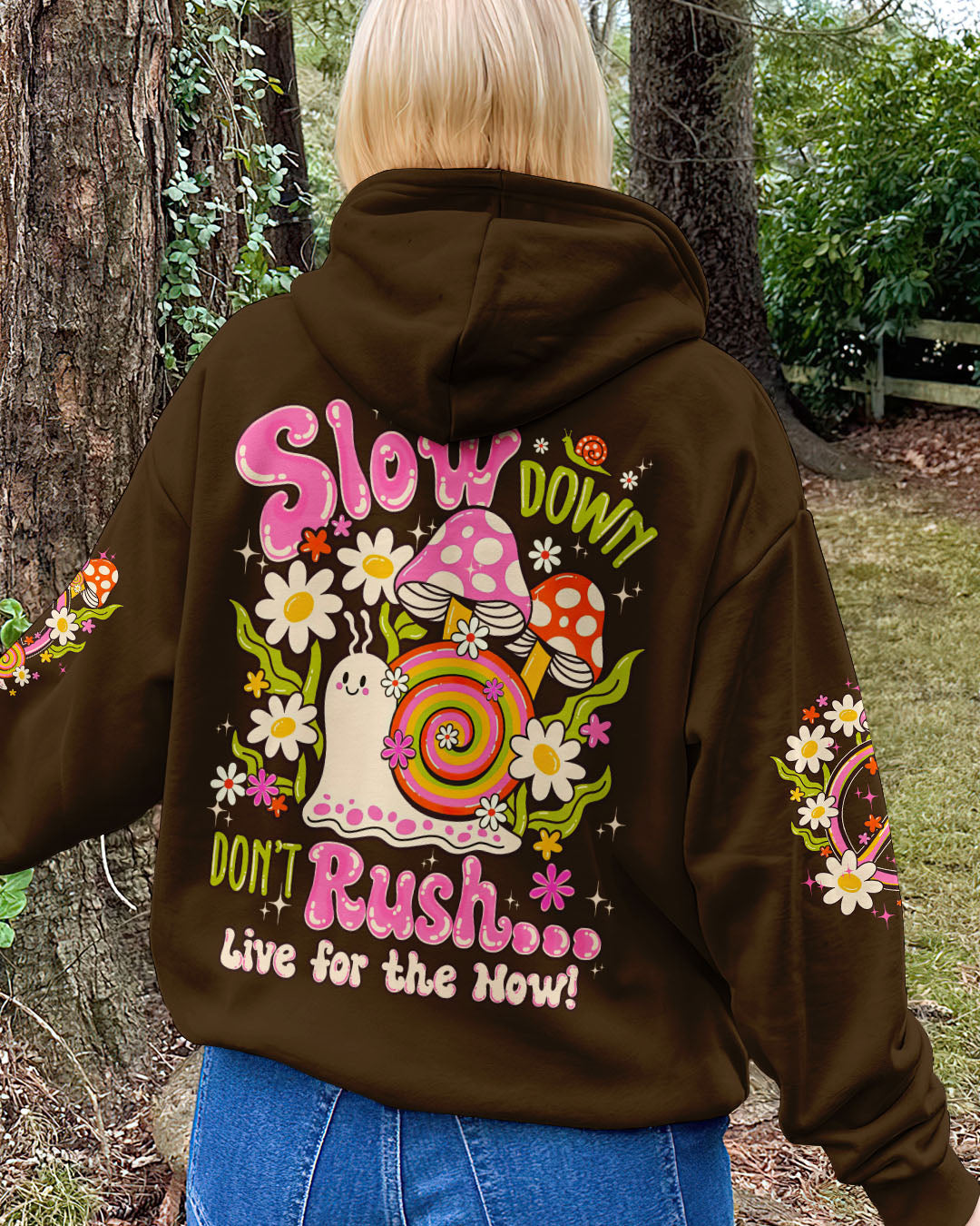 Slow Down Dont Rush Live for the Now Cute Snail Mushrooms AOP Shirts _9_ ZEmNk