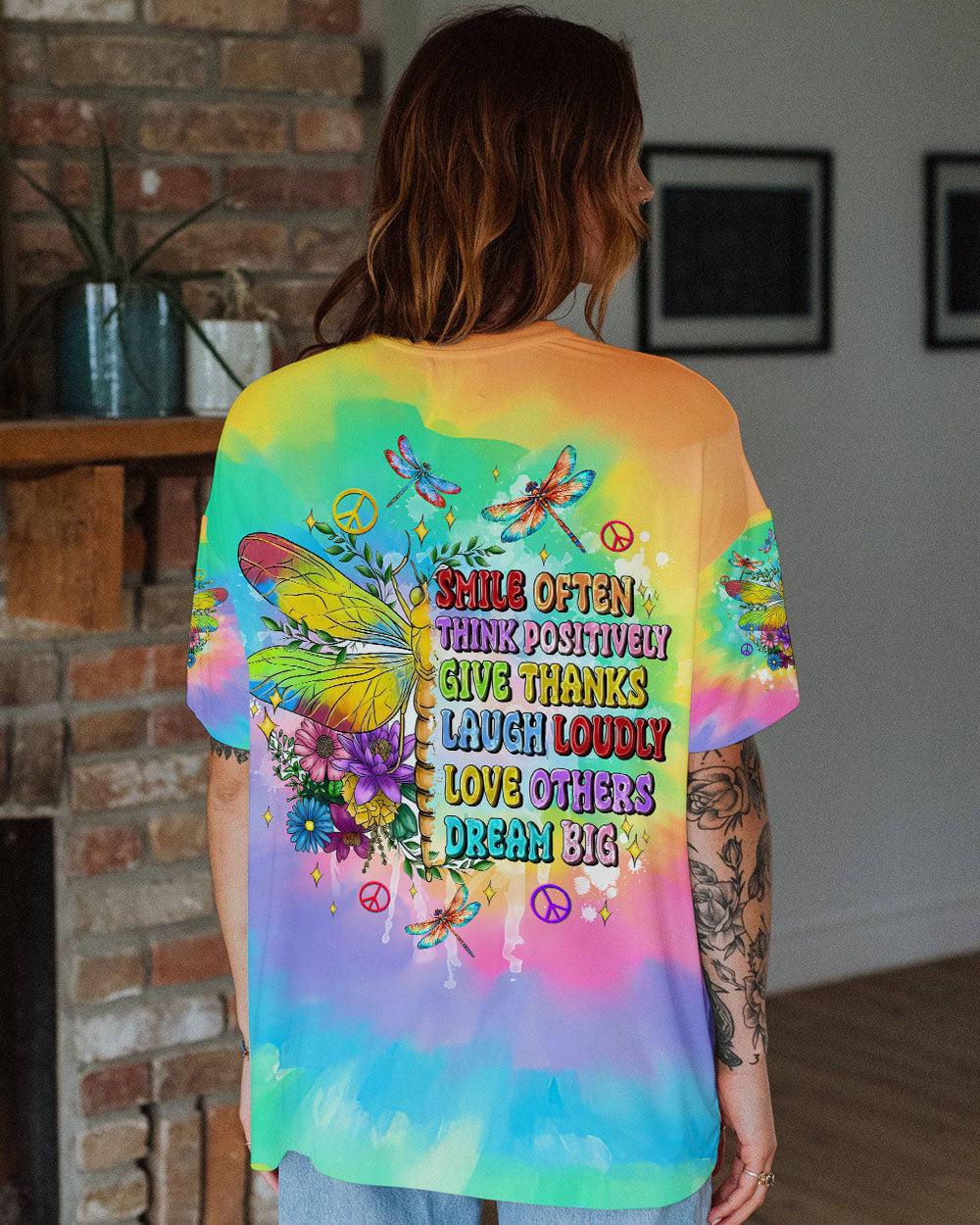 Smile Often Dream Big Rainbow Tie Dye Positive Quote Hippie Motivational AOP Shirts _11_ fsWQT