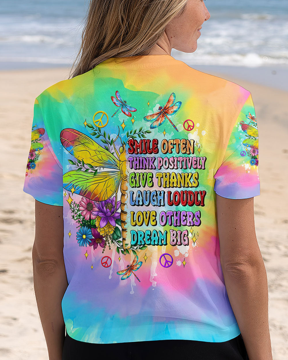 Smile Often Dream Big Rainbow Tie Dye Positive Quote Hippie Motivational AOP Shirts _13_ buviq