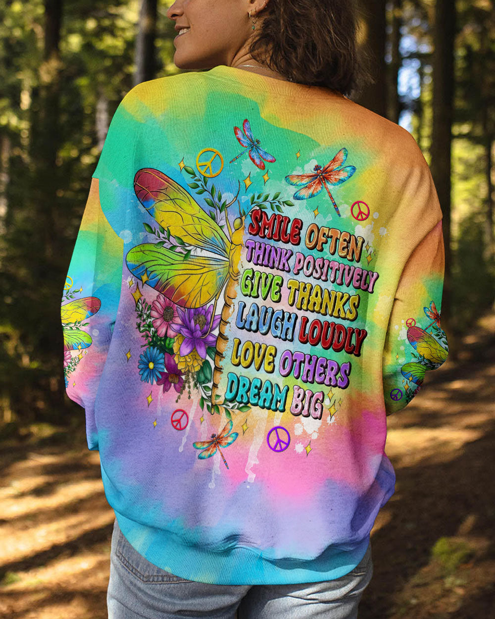 Smile Often Dream Big Rainbow Tie Dye Positive Quote Hippie Motivational AOP Shirts _3_ t8TlP