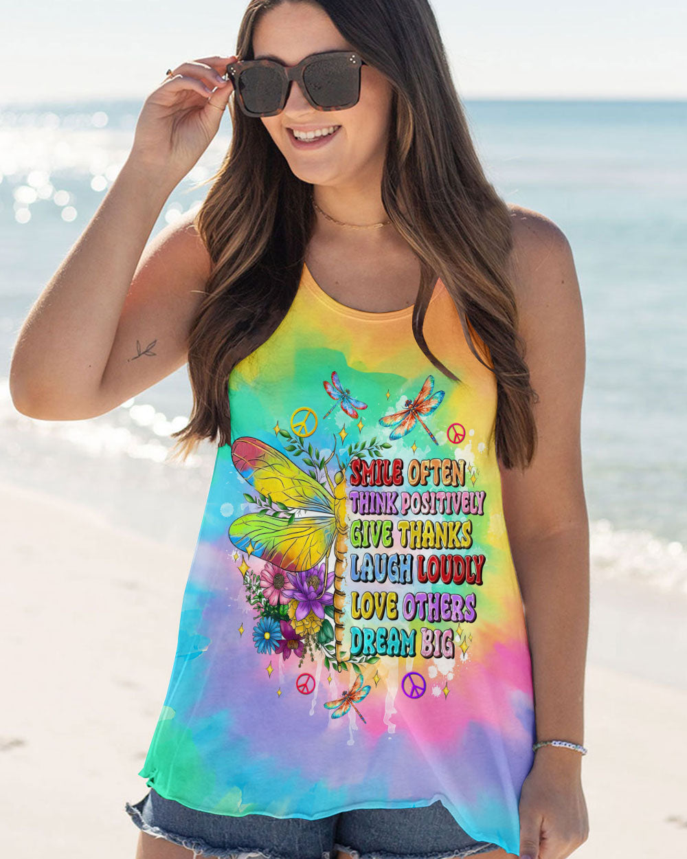 Smile Often Dream Big Rainbow Tie Dye Positive Quote Hippie Motivational AOP Shirts _5_ hHAOd