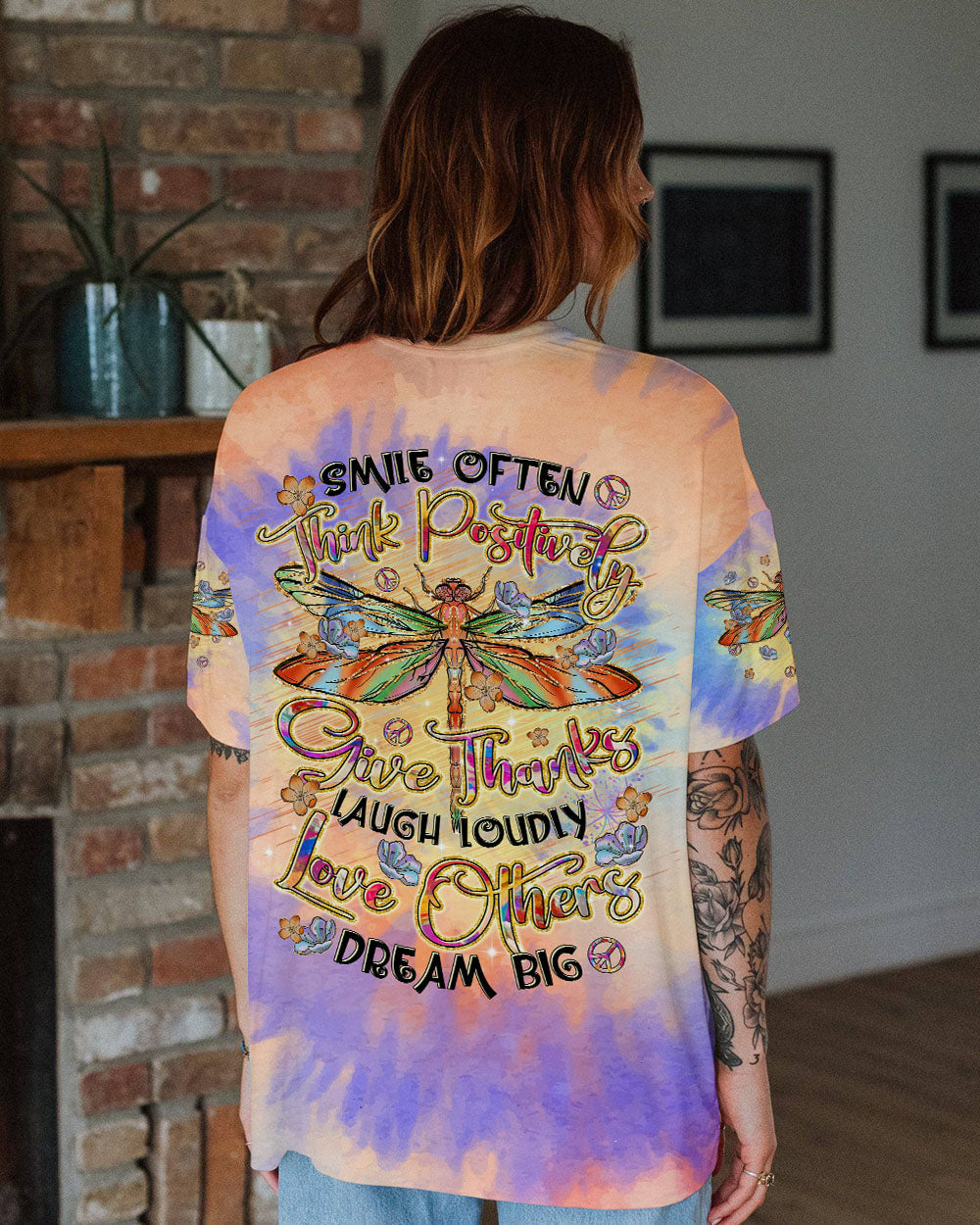 Smile Often Love Others Dragonfly Peace Sign Tie Dye Motivational AOP Shirts _10_ mf49F