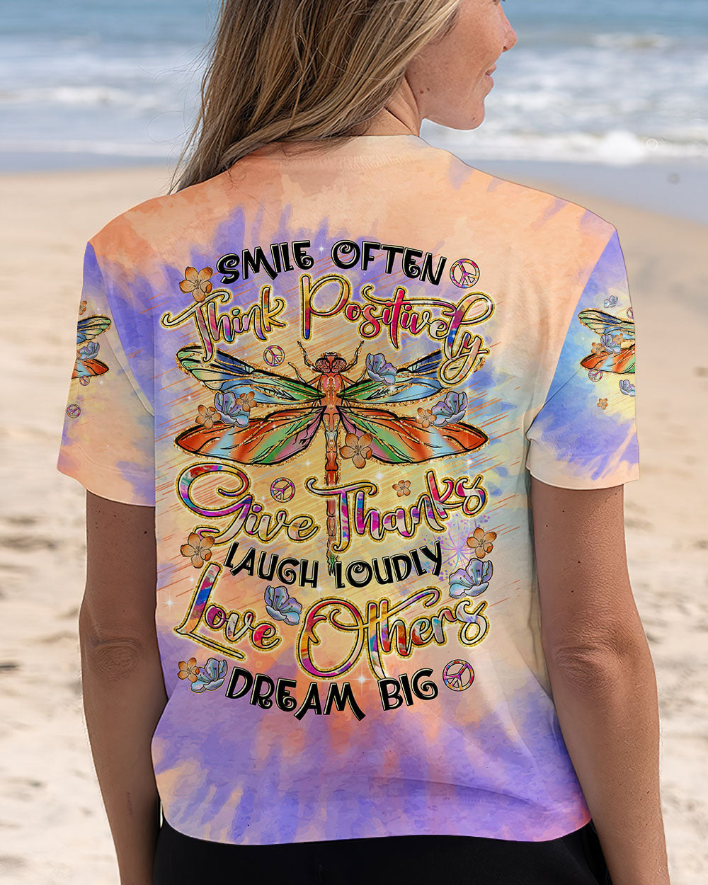 Smile Often Love Others Dragonfly Peace Sign Tie Dye Motivational AOP Shirts _12_ HFbYT